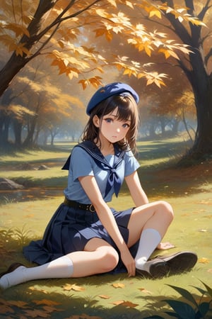 realistic anime illustration of pretty young girl, sitting on grass, stting cross-legged, black hair girl,  wearing pastel indigo shirt short sleeves, navy-blue neckerchief, navy-blue pleated pencil long skirt, black belt with gold circle buckle, white socks and navy-blue beret, autumn scenery, (1girl, solo,full body), (masterpiece, best quality)