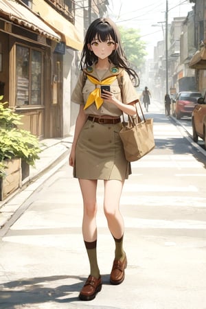 beauty young girl, crossing road, holding a smartphone, carrying tote bag, she is in black long straight hair, wears all khaki outfit (+same tone), khaki short sleeves scout shirt, yellow scout kerchief, khaki  pencil  skirt with brown belt, khaki socks, brown shoes, ((masterpiece:1.2), (best quality:1.2), (very aesthetic:1.2), (absurdres:1.2), (detailed background), intricate details, newest, sfw), (1girl, solo, full body, front view, looking at viewer), (japanese anime style), (expressive eyes, perfect face, perfect anatomy)