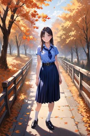 realistic anime illustration of smiling pretty young girl, standing pose, autumn scenery, black hair girl, half up half down,  wearing indigo  short sleeves ollared shirt, navy-blue neckerchief, navy-blue pleated pencil long skirt, black belt with gold circle buckle, white socks, black mary-jane shoes, (1girl, solo,full body), (masterpiece, best quality)