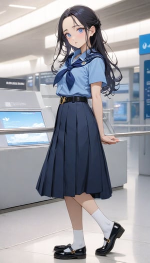 beauty young girl posing at airport, she has black hair (forehead, longh hair, half up half down), wearing pastel indigo-blue short sleeves collared shirt, navy-blue scout-kerchief, navy-blue pleated pencil long skirt, black belt with gold circle buckle, white socks and black mary-jane shoes, ((masterpiece:1.2), (best quality:1.2), (very aesthetic:1.2), (absurdres:1.2), (detailed background),intricate details, newest, sfw), (1girl, solo, full body), (japanese anime style), (expressive eyes, perfect face, perfect anatomy), BREAK, (pastel indigo-blue short sleeves collared shirt, navy-blue scout-kerchief, navy-blue pleated pencil long skirt, black belt with gold circle buckle, white socks and black mary-jane shoes)