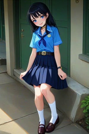 anime of adorable young woman, standing and posing at school 's outdoor, smiling, she has black hair (+forehead, half up half down), wearing short sleeves collared shirt (+azure-blue shirt), navy-blue scout-kerchief, navy-blue pleated pencil long skirt, black belt with gold circle buckle, white socks and black mary-jane shoes, BREAK, (short sleeves collared shirt (+azure-blue shirt), navy-blue scout-kerchief, navy-blue pleated pencil long skirt, black belt with gold circle buckle, white socks and black mary-jane shoes), BREAK, ((best quality,4k,8k,highres,masterpiece:1.2),ultra-detailed, (very aesthetic:1.2), (absurdres:1.2), (detailed background), intricate details, newest), (1girl, solo, full body), (japanese anime style),(expressive eyes, perfect face, perfect anatomy)