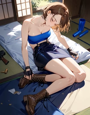 realistic anime illustration of sleeping beautiful  woman is sitting on bedroom floor, her back is leaning against bed 's futon, her legs is spreading, closed eyes, her gun putting on ground, BREAK, she is brown bob cut (+forehead, brown hair), wears azure-blue tube top (+strapless, azure-blue tube top), black pencil skirt, black fingerless gloves, olive-green suspenders, brown combat boots,  BREAK, ((masterpiece:1.2), (best quality:1.2), (very aesthetic:1.2), (absurdres:1.2), (detailed background),intricate details, newest), (1girl, solo, full body), (japanese anime style)