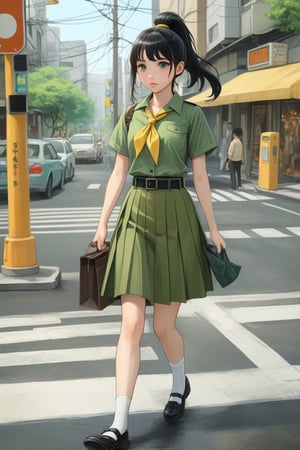 beauty young girl, crossing road, holding a smartphone, carrying tote bag, she is in black hair (+ponytail), wears all green outfit (+same tone), green short sleeves scout shirt, yellow neckerchief, green pleated pencil long skirt with black belt, white socks, black mary-jane shoes, ((masterpiece:1.2), (best quality:1.2), (very aesthetic:1.2), (absurdres:1.2), (detailed background), intricate details, newest, sfw), (1girl, solo, full body, front view, looking at viewer), (japanese anime style), (expressive eyes, perfect face, perfect anatomy)