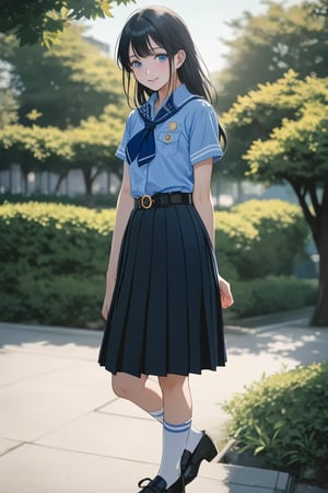 anime of adorable young woman, posing at school 's outdoor, smiling, she has black hair (+forehead, half up half down), wearing short sleeves collared shirt (+azure-blue shirt), navy-blue scout-kerchief, navy-blue pleated pencil long skirt, black belt with gold circle buckle, white socks and black mary-jane shoes, BREAK, (short sleeves collared shirt (+azure-blue shirt), navy-blue scout-kerchief, navy-blue pleated pencil long skirt, black belt with gold circle buckle, white socks and black mary-jane shoes), BREAK, ((best quality,4k,8k,highres,masterpiece:1.2),ultra-detailed, (very aesthetic:1.2), (absurdres:1.2), (detailed background), intricate details, newest), (1girl, solo, full body), (japanese anime style),(expressive eyes, perfect face, perfect anatomy)