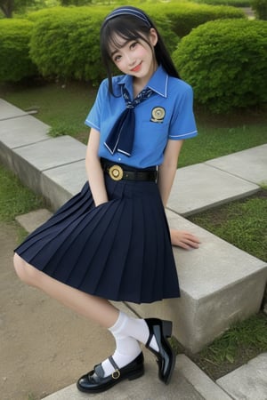 anime of adorable young woman, standing and posing at school 's outdoor, smiling, she has black hair (+forehead, half up half down), wearing short sleeves collared shirt (+azure-blue shirt), navy-blue scout-kerchief, navy-blue pleated pencil long skirt, black belt with gold circle buckle, white socks and black mary-jane shoes, BREAK, (short sleeves collared shirt (+azure-blue shirt), navy-blue scout-kerchief, navy-blue pleated pencil long skirt, black belt with gold circle buckle, white socks and black mary-jane shoes), BREAK, ((best quality,4k,8k,highres,masterpiece:1.2),ultra-detailed, (very aesthetic:1.2), (absurdres:1.2), (detailed background), intricate details, newest), (1girl, solo, full body), (japanese anime style),(expressive eyes, perfect face, perfect anatomy)