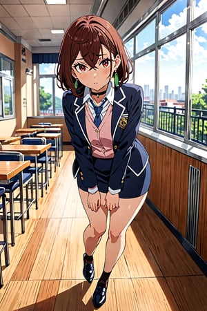 pretty slim young women, looking at viewer on her academy, cafeteria scenery, ( ayasemomo, hair between eyes, crossed bangs, green earrings, brown hair, red eyes, black choker, short hair), wearing navy-blue blazer outer, closed blazer, pink shirt with navy-blue tie, navy-blue pencil skirt, black heel cutshoes, BREAK, ((masterpiece:1.2), (best quality:1.2), (very aesthetic:1.2), (absurdres:1.2), (detailed background),intricate details, newest, sfw), (full body), (anime style), (expressive eyes, perfect face, perfect anatomy),momo ayase