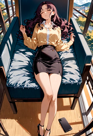 anime of pretty woman, lying down on rear seat, closed eyes, she is in lblack shory curly hair (+forehead), wears light-yellow long sleeves collared blouse, black pencil skirt, black heels, BREAK, ((masterpiece:1.2), (best quality:1.2), (very aesthetic:1.2), (absurdres:1.2), (detailed background),intricate details, newest,  (1girl, solo, full body, front view, looking at viewer), (japanese anime style), (expressive eyes, perfect face, perfect anatomy)