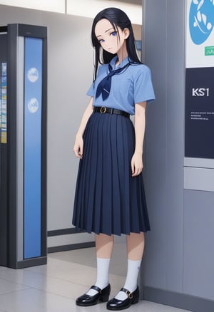 beauty young girl, standing pose at airport, she has black hair (forehead, longh hair, half up half down), wearing pastel indigo-blue short sleeves collared shirt, navy-blue neckerchief, navy-blue pleated pencil long skirt, black belt with gold circle buckle, white socks and black mary-jane shoes, ((masterpiece:1.2), (best quality:1.2), (very aesthetic:1.2), (absurdres:1.2), (detailed background),intricate details, newest, sfw), (1girl, solo, full body, front view, looking at viewer), (japanese anime style), (expressive eyes, perfect face, perfect anatomy), BREAK, (pastel indigo-blue short sleeves collared shirt, navy-blue neckerchief, navy-blue pleated pencil long skirt, black belt with gold circle buckle, white socks and black mary-jane shoes),score_7_up, BREAK source_anime, anime screencap,