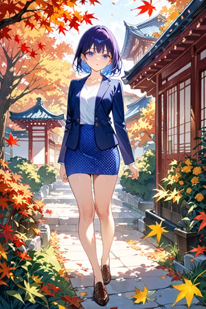 beauty young girl, standing pose at garden, autumn leaves, maple leaves, ginko leaves, she has black pixie cut (+layered hair), wearing navy-blue blazer (+open blazer), white t-shirt,  bright-blue and white poka dots pattern pencil skirt, brown flat shoes, ((masterpiece:1.2), (best quality:1.2), (very aesthetic:1.2), (absurdres:1.2), (detailed background),intricate details, newest, sfw), (1girl, solo, full body, front view, looking at viewer), (japanese anime style), (expressive eyes, perfect face, perfect anatomy)