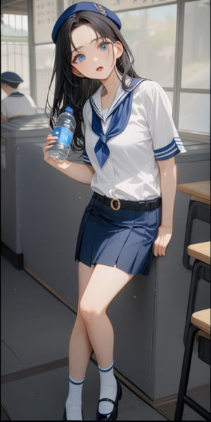 adorable young woman, posing at school 's outdoor, holding plastic bottle, she has black hair (+forehead, half up half down hair), wearing short sleeves collared shirt (+azure-blue shirt), navy-blue scout-kerchief, navy-blue pleated pencil long skirt, black belt with gold circle buckle, white socks, black mary-jane shoes, navy-blue beret, BREAK, (short sleeves collared shirt (+azure-blue shirt), navy-blue scout-kerchief, navy-blue pleated pencil long skirt, black belt with gold circle buckle, white socks, black mary-jane shoes, navy-blue beret), BREAK, ((best quality,4k,8k,highres,masterpiece:1.2),ultra-detailed, (very aesthetic:1.2), (absurdres:1.2), (detailed background), intricate details, newest), (1girl, solo, full body), (japanese anime style),(expressive eyes, perfect face, perfect anatomy)