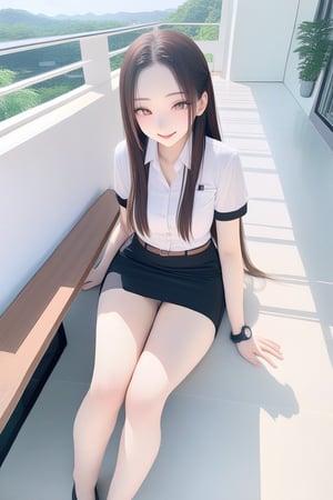 young woman, smiling and sitting on bench at balcony of academy campus, she has black long straight hair (+forehead), wearing white short sleeves collared shirt), black pencil skirt with brown belt, shoes, BREAK, (1girl, solo, full body), (best quality,4k,8k,highres,masterpiece:1.2),ultra-detailed,(realistic,photo-realistic:1.37),extremely detailed eyes and face,longeyelashes,beautiful detailed lips,beautiful detailed eyes,cinematic lighting,moody lighting,dramatic shadows,vibrant colors,Intricate details,Extremely detailed,Outstanding intricacies,(Masterpiece:1.2),(Best quality:1.2),(Absurdres absolutely resolution:1.4)