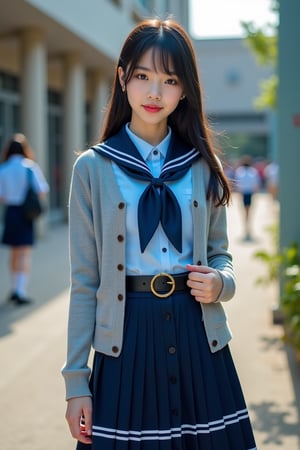 adorable young woman, posing at school 's outdoor, she has black hair (+forehead, half up half down), wearing gray long sleeves cardigan (+open cardigan), short sleeves collared shirt (+azure-blue shirt), navy-blue scout-kerchief, navy-blue pleated pencil skirt (+long skirt), black belt with gold circle buckle, white socks and black mary-jane shoes, BREAK, (1girl, solo, full body), (best quality,4k,8k,highres,masterpiece:1.2),ultra-detailed,(realistic,photo-realistic:1.37),extremely detailed eyes and face,longeyelashes,beautiful detailed lips,beautiful detailed eyes,cinematic lighting,moody lighting,dramatic shadows,vibrant colors, BREAK, (gray long sleeves cardigan (+open cardigan), short sleeves collared shirt (+azure-blue shirt), navy-blue scout-kerchief, navy-blue pleated pencil skirt (+long skirt), black belt with gold circle buckle, white socks and black mary-jane shoes)