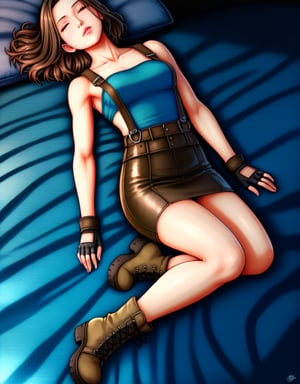 realistic anime illustration of sleeping beautiful  woman is sitting on bedroom floor, her back is leaning against bed 's futon, her legs is spreading, closed eyes, her gun putting on ground, BREAK, she is brown bob cut (+forehead, brown hair), wears cyan-blue tube top (+strapless), black pencil skirt, black fingerless gloves, olive-green suspenders, brown combat boots,  BREAK, ((masterpiece:1.2), (best quality:1.2), (very aesthetic:1.2), (absurdres:1.2), (detailed background),intricate details, newest), (1girl, solo, full body), (japanese anime style), Intricate details,Extremely detailed,Outstanding intricacies,(Masterpiece:1.2),(Best quality:1.2),(Absurdres absolutely resolution:1.4),(Depth of field, hdr, 8k wallpaper, cinematic angle, cinematic lighting,:1.1) (masterpiece, best quality:1.45)