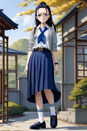 adorable young woman, posing at school 's outdoor, she has black hair (+forehead, half up half down), wearing gray long sleeves cardigan (+open cardigan), short sleeves collared shirt (+azure-blue shirt), navy-blue scout-kerchief, navy-blue pleated pencil skirt (+long skirt), black belt with gold circle buckle, white socks and black mary-jane shoes, BREAK, ((best quality,4k,8k,highres,masterpiece:1.2),ultra-detailed, (very aesthetic:1.2), (absurdres:1.2), (detailed background), intricate details, newest), (1girl, solo, full body, front view, looking at viewer), (japanese anime style),(expressive eyes, perfect face, perfect anatomy)s, BREAK, (gray long sleeves cardigan (+open cardigan), short sleeves collared shirt (+azure-blue shirt), navy-blue scout-kerchief, navy-blue pleated pencil skirt (+long skirt), black belt with gold circle buckle, white socks and black mary-jane shoes)