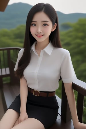 young woman, smiling and sitting on bench at balcony of academy campus, she has black long straight hair (+forehead), wearing white short sleeves collared shirt), black pencil skirt with brown belt, shoes, BREAK, ((best quality,4k,8k,highres,masterpiece:1.2),ultra-detailed, (very aesthetic:1.2), (absurdres:1.2), (detailed background), intricate details, newest, sfw), (1girl, solo, full body), (japanese anime style),(expressive eyes, perfect face, perfect anatomy)