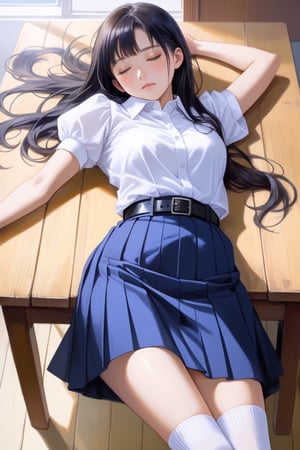 unconscious high school girl, lying down on wooden table, lying on flat, lying on her back, sleep with turning face up, sleeping, closed eyes, she is in black long hair (+swept-side hair, half up half down), wears white short puff sleeves collared blouse, navy-blue pleated pencil long skirt with black belt, white socks, black mary-jane shoes, BREAK, ((masterpiece:1.2), (best quality:1.2), (very aesthetic:1.2), (absurdres:1.2), (detailed background),intricate details, newest, sfw), (1girl, solo, full body), (japanese anime style), brighter lighting