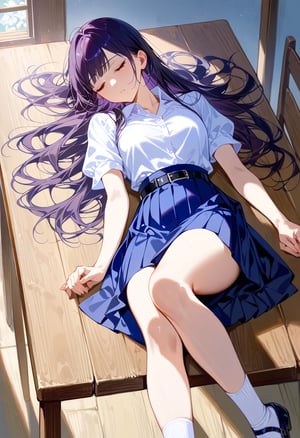 unconscious high school girl, lying down on wooden table, lying on flat, lying on her back, sleep with turning face up, sleeping, closed eyes, she is in black long hair (+swept-side hair, half up half down), wears white short puff sleeves collared blouse, navy-blue pleated pencil long skirt with black belt, white socks, black mary-jane shoes, BREAK, ((masterpiece:1.2), (best quality:1.2), (very aesthetic:1.2), (absurdres:1.2), (detailed background),intricate details, newest, sfw), (1girl, solo, full body), (japanese anime style), brighter lighting