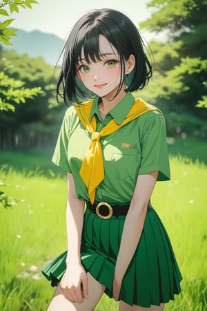  (young woman, black hair, bob cut, forehead), is posing at field, smiling, BREAK, (green short sleeves collared shirt, red shoulder strap, yellow scout-kerchief, green pleated pencil long skirt, black belt with gold circle buckle, white socks), BREAK,  (green short sleeves collared shirt, red shoulder strap, yellow scout-kerchief, green pleated pencil long skirt, black belt with gold circle buckle, white socks), (green shirt, green-skirt, both same tone color ), BREAK, ((best quality,4k,8k,highres,masterpiece:1.2),ultra-detailed, (very aesthetic:1.2), (absurdres:1.2), (detailed background), intricate details, newest), (1girl, solo, full body), (japanese anime style),(expressive eyes, perfect face, perfect anatomy)