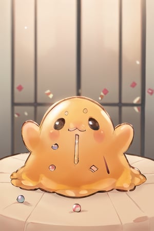 A playful and vibrant scene: A glob of adorable orange slime sits atop a colorful candy-filled tablecloth, its translucent body glistening in warm lighting. The slime's tiny eyes and mouth are contorted into a joyful expression 