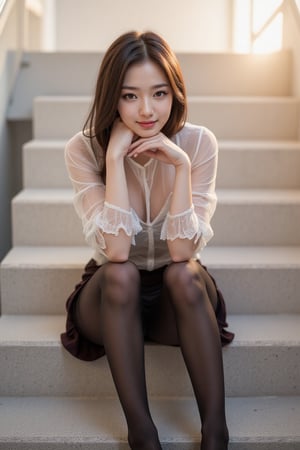 Best quality, 8K, full body portrait, front body view, long shot, low angle, sunset time, 

delicate face without makeup, Korean, Japanese, 30 year old girl, small stature and slim figure, 150cm height, short hair, wear see-through blouse and pleated miniskirt, 30 denier black pantyhose, patent pumps, 

sitting on stair and rest chin on, smiling at viewer, 