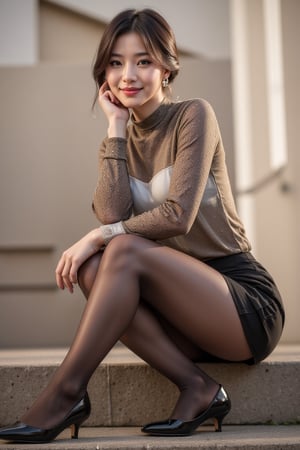 Best quality, 8K, full body portrait, front body view, long shot, low angle, sunset time, 

delicate face without makeup, Korean, Japanese, 30 year old girl, small stature and slim figure, 150cm height, short hair, wear see-through blouse and pleated miniskirt, 30 denier black pantyhose, patent pumps, 

sitting on stair and rest chin on, smiling at viewer, 