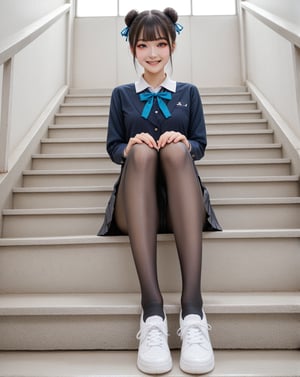 Best quality, 8K, full body portrait, front body view, long shot, low angle, sunset time, 

delicate face without makeup, Korean, Japanese, teenage girl, small stature and slim figure, bun hair, wear school uniform with ribbon and pleated miniskirt, black pantyhose, sneakers,

sitting on stair and rest chin on, smiling at viewer, 