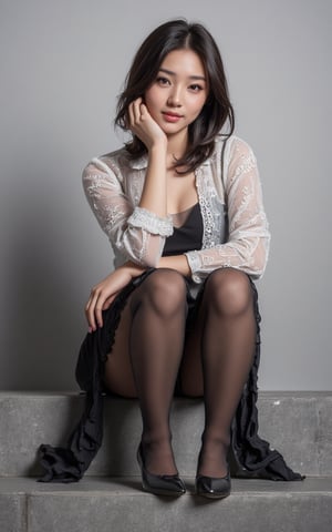 Best quality, 8K, full body portrait, front body view, long shot, low angle, 

delicate face without makeup, Korean, Japanese, 25 year old girl, small stature person, slim figure, 150cm height, short hair, wear see-through blouse and pleated miniskirt with 30 denier black pantyhose, pumps, 

sitting on stair with rest chin on position, smiling at camera, 