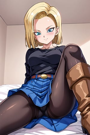  highly detailed , high quality , masterpiece , beautiful , (Medium long shot), Low angle view, high angle, source_anime, 1women,android 18,Short hair, tied hair ,Blue eyes, perfect eyes, Beauty eyes, Detailed eyes,Smile,Embarrassed face , black shirt, miniskirt, blue skirt, black pantyhose, High boots, brown boots, Open legs. Scenario: sitting on a bed 