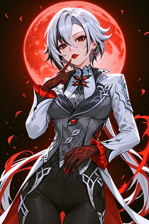 (highly detailed, high quality, masterpiece, beautiful), (short medium shot) ,(perfect anatomic) ,anime style, 1girl, solo,arlecchino from Genshin Impact, standing position, white hair, black stripes, short hair, black eyes, red pupils, x-shaped pupils, (perfect eyes), red lipstick (perfect face), gray suit, right hand, in the mouth, index finger on lips, hand in silent position, (perfect hands), black pants, red aura around the body. scenario: black background with a red moon