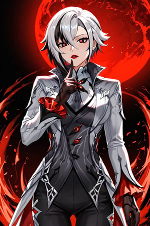 (highly detailed, high quality, masterpiece, beautiful), (short medium shot) ,(perfect anatomic) ,anime style, 1girl, solo,arlecchino from Genshin Impact, standing position, white hair, black stripes, short hair, black eyes, red pupils, x-shaped pupils, (perfect eyes), red lipstick (perfect face), gray suit, right hand, black hands, in the mouth, index finger on the lips, hand in a silent position, (perfect hands), a dark red wing, a wing of fire, black pants, red aura around the body. scenario: black background with a red moon