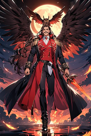 highly detailed, high quality, masterpiece, beautiful, (entire plane) anime style, full body ,1boy, tall man, long hair, black hair, brown hair, shiny hair, detailed eyes, red eyes, shiny eyes, frowning eyes, mustache, black mustache, big mustache, lightly tanned skin, smile, black choker, big trench coat , red trench coat, black stripes, gold epaulettes, left arm holding a fire owl, right arm holding a large knight's sword, white shirt, black pants, military boots, black boots, angel wings, wings of fire, setting: in the night sky, flying, full of stars, crescent moon, falling feathers of fire