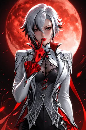 (highly detailed, high quality, masterpiece, beautiful), (short medium shot) ,(perfect anatomic) ,anime style, 1girl, solo,arlecchino from Genshin Impact, standing position, white hair, black stripes, short hair, black eyes, red pupils, x-shaped pupils, (perfect eyes), red lipstick (perfect face), gray suit, right hand, in the mouth, index finger on lips, hand in silent position, (perfect hands), black pants, red aura around the body. scenario: black background with a red moon