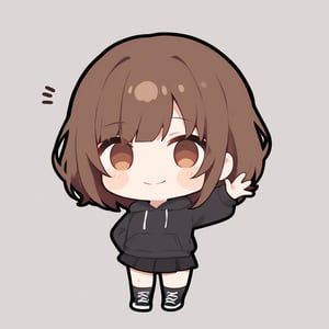 1girl, girl, solo, (brown hair,) medium hair, brown eyes, (bangs), black blank hoodie top, (black skirt), black sneakers, solo, black socks, (chibi,), blush,, smile, standing, waving, looking at viewer, simple white background,