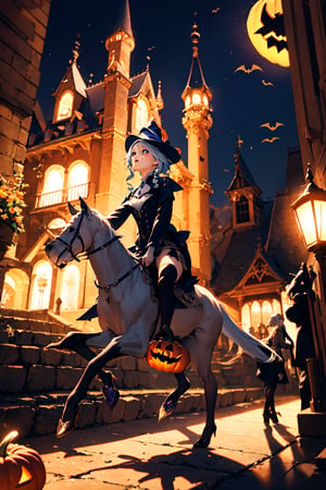 furina,solo,witch,broom_riding,castle,night,halloween,pumpkins.,furina \(genshin impact\), barefoot, high heels,close shot.