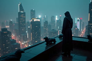 The cityscape below is a tapestry of neon lights and towering steel structures, bustling with the vibrant life of a futuristic metropolis.  The rooftop is lined with mechanical gargoyles that seem to come to life in the shadows, . The air is thick with the scent of rain-dampened concrete and the distant murmur of the city's heartbeat. f contemplative isolation amidst the urban sprawl, . The stark juxtaposition of  dark attire and the luminescent city creates a dramatic visual tension, emphasizing  the gleaming dystopia. 8k ultra real photograph