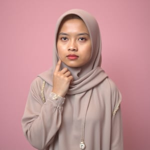 a indonesian woman wearing kebaya and hijab, she wears bold red lipstick and powerful eyeshadow, she looks very serious, she is wearing luminescence cream color outfit, the background is dominated by light pink, low angle lighting, hand on hip pose, masterpiece, best quality, highly intricate details, hijab_selfie
