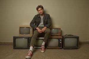 high-resolution photograph of a guy, wearing casual clothes and red converse sneakers, (sits on top of a stack of vintage televisions), old CRT televisions, contemporary, retro, minimalism, warm earthy tones, neutral background, soft diffused lighting, gentle shadows, 50mm lens, grain effect, dreamy nostalgic vibe, (masterpiece, best quality, ultra detailed:1.3), detailed photograpghy,csrlds,Hollywood Cinematic Film style,epic photography,dramatic light,Kodak film style,DarkAtmosCE style