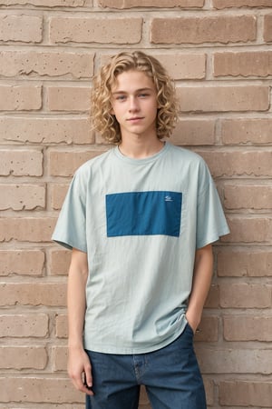 handsome boy, blonde wavy hair, medium length hair, blue eyes, 15 years old, dimples, androgynous

baggy shirt, slim body, skinny, standing in front of a brick wall, looking to the side

 hyper realistic, realistic, male, 1boy, lifelike, solo_male, 1boys