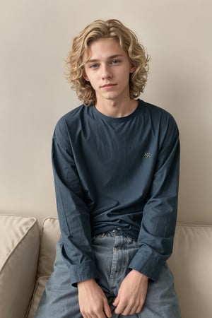 handsome boy, blonde wavy hair, medium length hair, blue eyes, 15 years old, dimples, androgynous

baggy shirt, slim body, skinny, laying on a couch, relaxed position

 hyper realistic, realistic, male, 1boy, lifelike, solo_male, 1boys