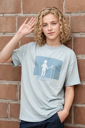 handsome boy, blonde wavy hair, medium length hair, blue eyes, 15 years old, dimples, androgynous

baggy shirt, slim body, skinny, standing in front of a brick wall, waving with one hand

 hyper realistic, realistic, male, 1boy, lifelike, solo_male, 1boys