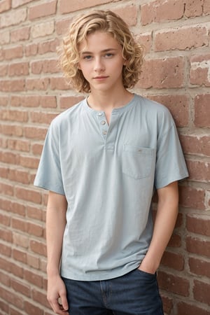 handsome boy, blonde wavy hair, medium length hair, blue eyes, 15 years old, dimples, androgynous

baggy shirt, slim body, skinny, standing in front of a brick wall, looking to the side

 hyper realistic, realistic, male, 1boy, lifelike, solo_male, 1boys