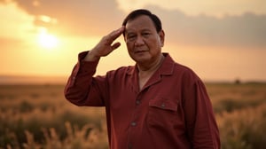 Vintage  gentleman poses confidently in a worn-out panjama shirt, salute on viewer as he strikes a bold, badass pose against a warm sunset backdrop, the photographer capturing the essence of a bygone era.,prabow0