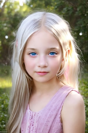 A breathtaking 8K photograph in HDR, capturing an 8-year-old tween girl with striking white hair and piercing blue eyes. She beams with a warm smile, her cheeks blushing pink against pale skin. A flowing hippie dress drapes elegantly on her petite frame, exuding innocence and joy. Soft, natural lighting casts crisp shadows across her features, like David Dubnitskiy's stylings. Focus is sharp, revealing hyperrealistic details in this surreal masterpiece, blending childhood sweetness with photorealistic precision.