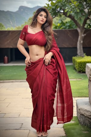 A ravishing Arabic woman, aged 28, stands tall amidst a rugged stone backdrop, her stunning Women's Plus Sexy maroon saree dress draping elegantly around her curvaceous figure, showcasing perfect proportions. She poses with poise, her attractive face framed by luscious locks, stretch marks and exposed navel visible in crisp 12K resolution. The flowing folds of the saree accentuate the model's physique, juxtaposed against the rough stone textured backdrop, creating a striking visual contrast.