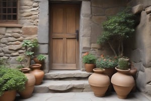 There is a wooden door in front of which some pots are placed and a stone step