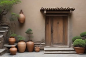 There is a wooden door in front of which some pots are placed and a stone step