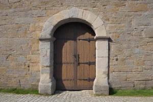 The back door of a medieval castle in front of which the wall is made of stone