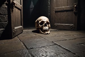 The closed door of the dark dungeon, a human skull on the floor, in proportion to the size