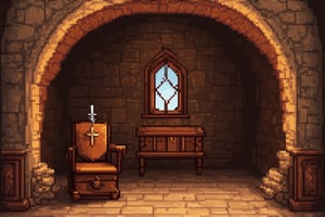 Frame the shot within the dimly lit chamber, where a single window casts a warm glow on the stone floor. The room's rustic charm is emphasized by the wooden medieval furniture, including a sturdy chair and a wooden chest adorned with intricate carvings. A sword and shield hang proudly from the wall, their metallic sheen reflecting the faint light. Above, a regal portrait of the queen hangs majestically, her royal bearing exuding elegance.