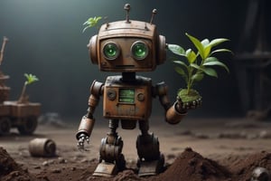 An artist who is showing art, front view and close up photorealistic, wasteland background, cute rusty robot planting a tiny green plant, dark lighting, distopian background